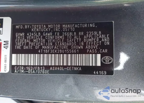 2011 Toyota Camry Le из США, поврежденный, VIN 4T1BF3EK2BU155661